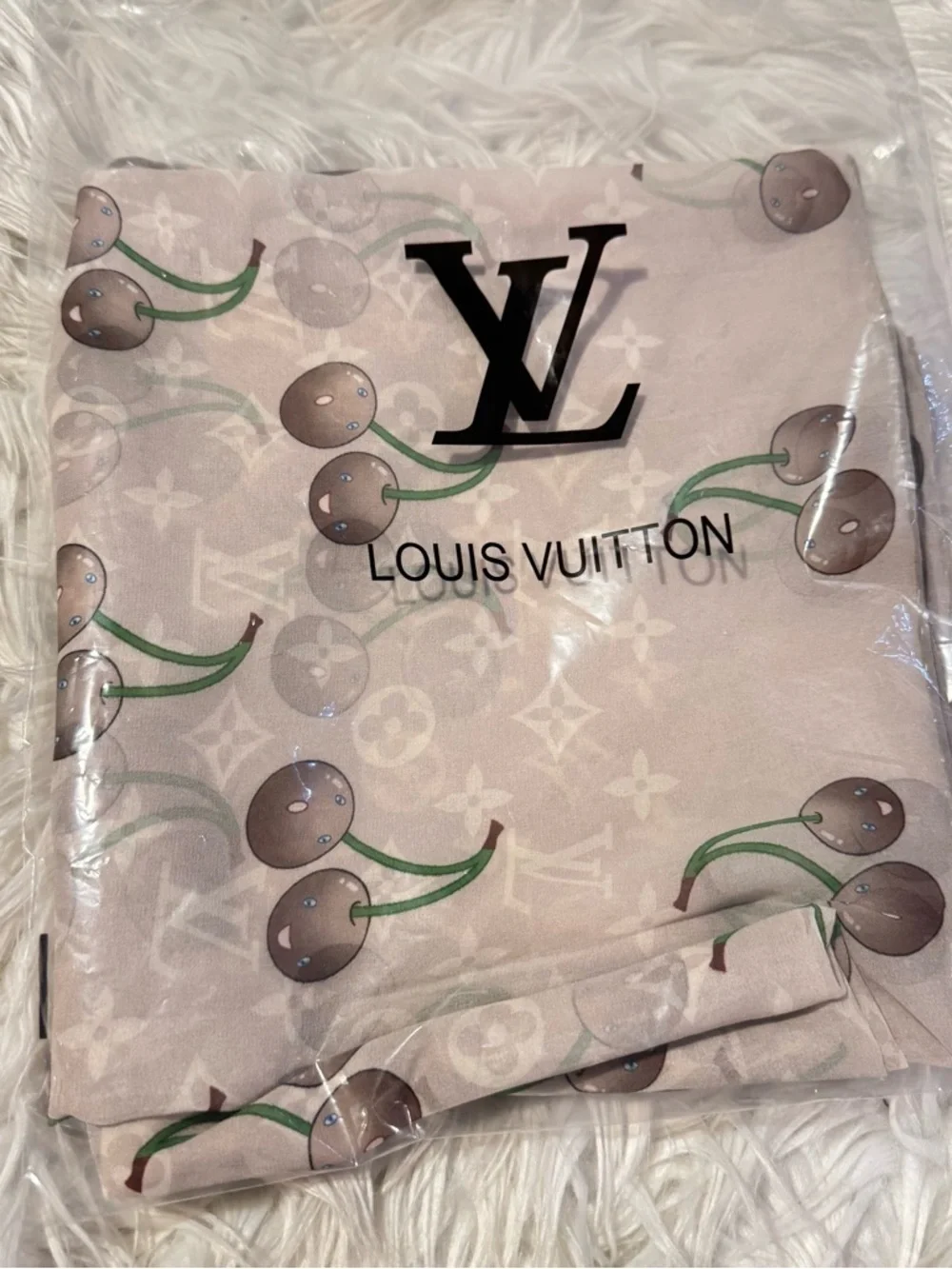 LOUIS VUlTTON 100% silk cherry print monogram scarf 40x40 custom print design